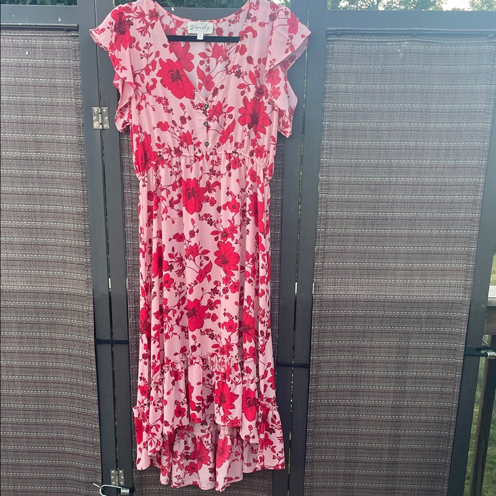 Signify Pink & Red Floral Midi Dress Hi-Low Hem Flutter Sleeve Size Large